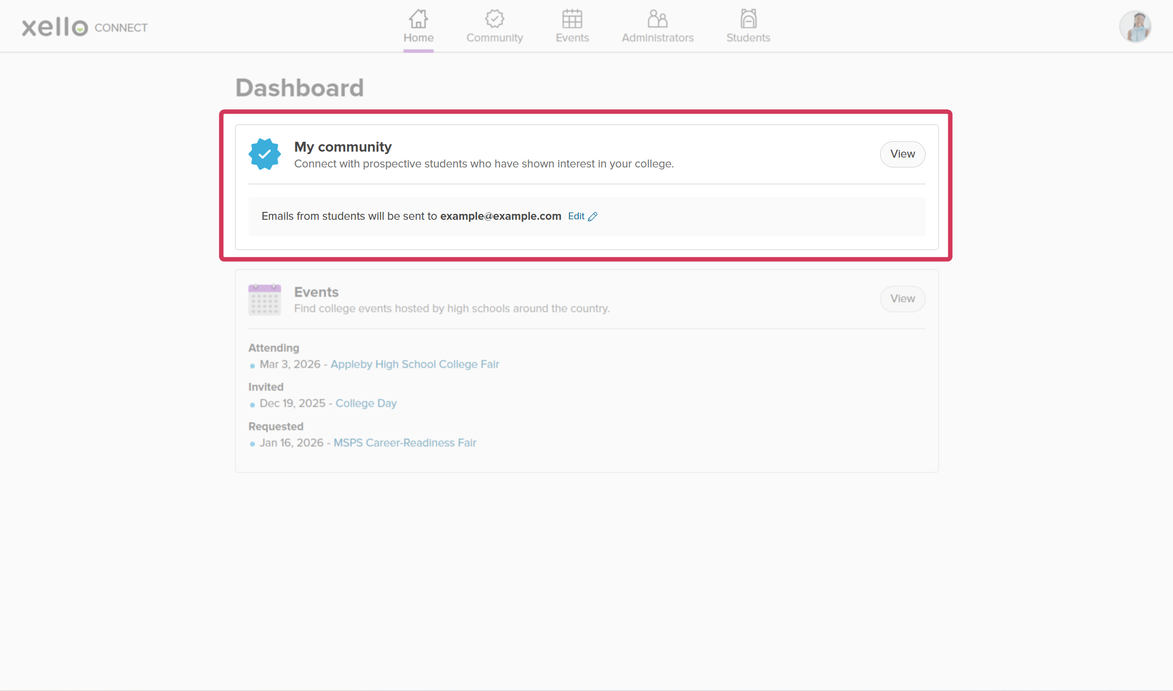 College partner dashboard. The My community section is highlighted.